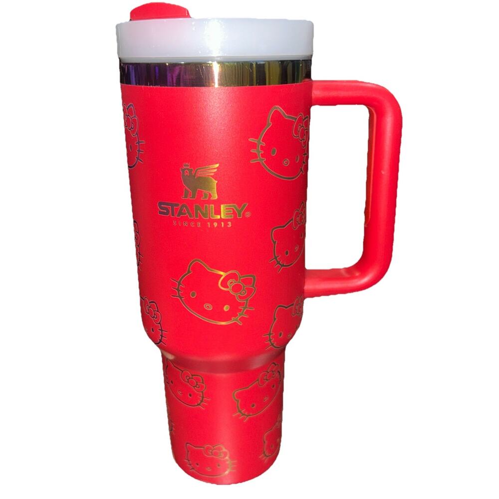 Custom Etched Kitty 40oz Red Insulated Tumbler Stainless Steel w/ Handle, Lid